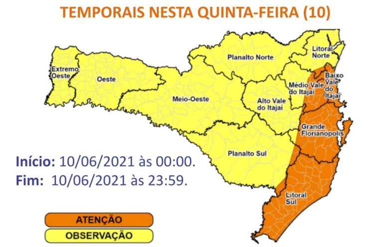 Defesa Civil alerta para mais chuva intensa em SC nesta quinta-feira