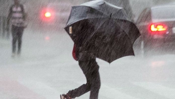#Pracegover Na foto, pessoa caminhando sob chuva forte segurando um guarda-chuva